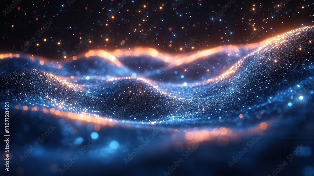 Poster a mesmerizing digital landscape of glowing waves, shimmering with vibrant colors and sparkling parti