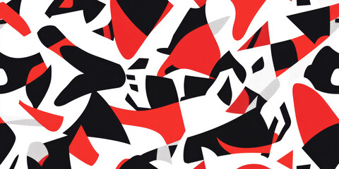 A dynamic abstract pattern featuring bold geometric shapes in contrasting colors like red, black, and white. The design is energetic and modern, suitable for creative projects.
