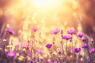 Fototapeta premium Textured flower field, vibrant purple and yellow blooms under bright sunlight, colorful and organic