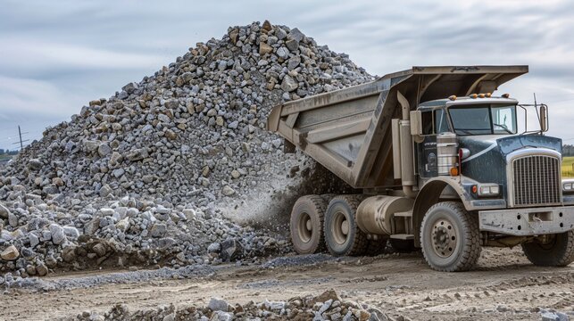 A dump truck dumping a load of crushed concrete onto a growing pile ready to be recycled for future projects.