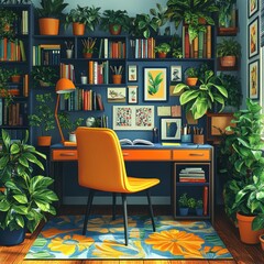 A cozy home office space with a desk, chair, bookshelves, and many plants.