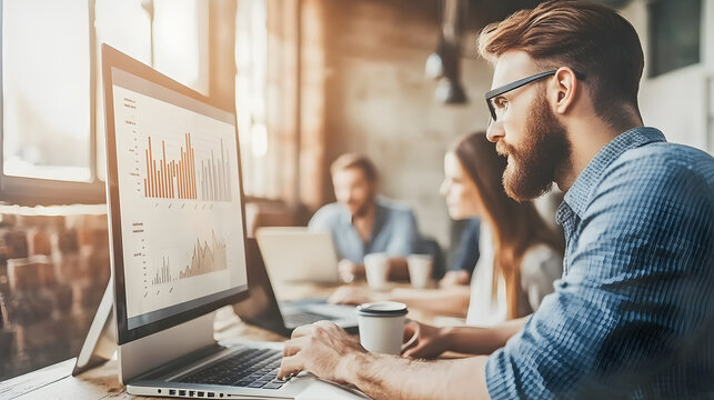 Data analysis session for marketing insights in a cozy office environment collaborative work professional setting focused viewpoint