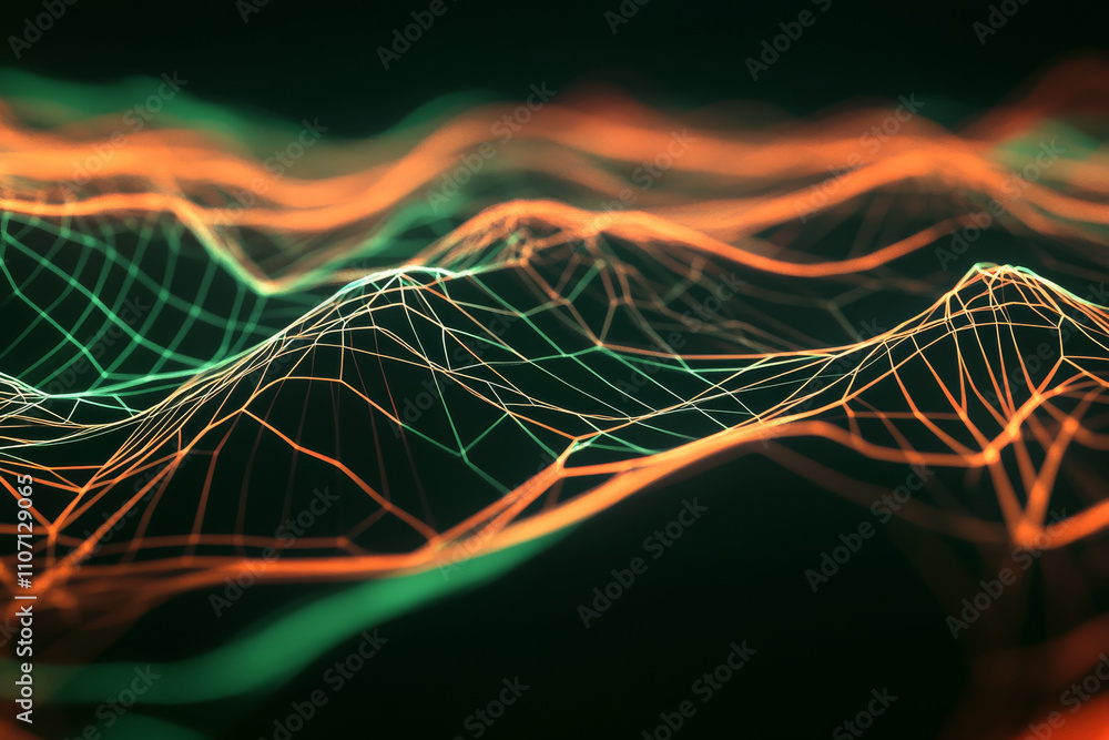Poster abstract glowing web pattern, intricate neon green and orange lines forming dynamic motion, sharp an