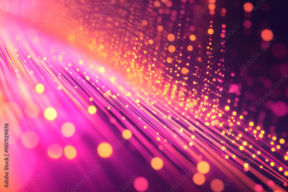 Poster abstract glowing lines pattern, dynamic neon pink and orange trails forming an intricate grid, sharp