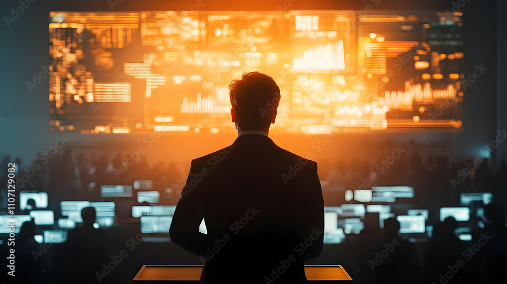 Aufkleber A speaker addresses an audience in a tech-focused environment with data visuals.