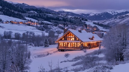 Serene Winter Landscape Featuring a Cozy Lodge Illuminated by Warm Lights Amidst Snow-Covered Mountains and Tranquil Nature at Dusk
