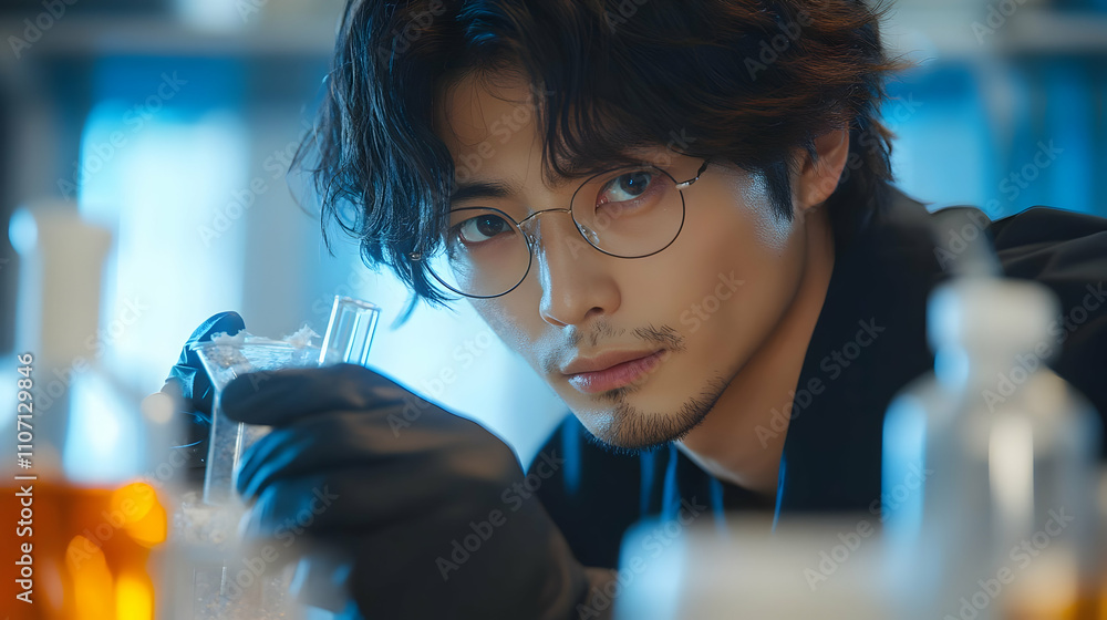 Poster a focused individual in a lab, conducting an experiment with glassware and chemicals.