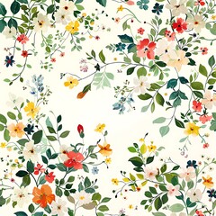 Fototapeta premium A delicate floral motif with tiny blooms in various colors and lush green leaves, elegantly arranged on a light-colored background. 8k UHD, suitable for high-quality printing or digital display. 