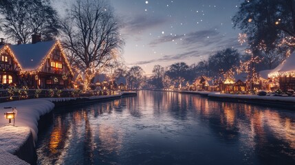 Serene Winter Night in a Charming Village with Snow-Covered Houses and Softly Glowing Lights Reflecting on the Calm Water of the Canal