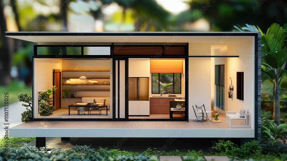 Poster a small house model with a compact yet efficient layout, showcasing smart storage solutions and a sp