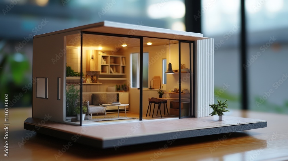 Poster a small house model with a compact yet efficient layout, showcasing smart storage solutions and a sp