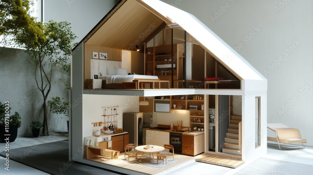 Poster a small house model with a compact yet efficient layout, showcasing smart storage solutions and a sp