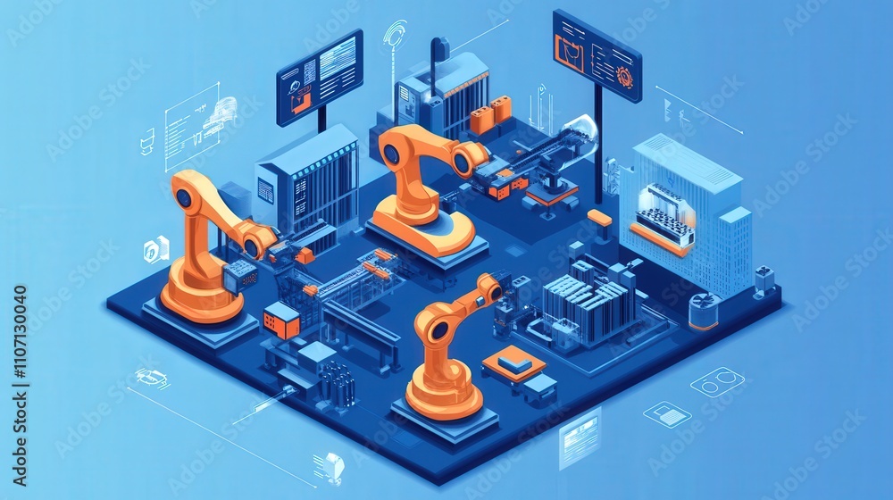 Poster a smart factory in the tech industry, with autonomous robots moving materials and handling tasks und