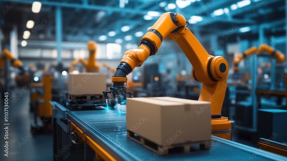 Poster a smart factory in the tech industry, with autonomous robots moving materials and handling tasks und