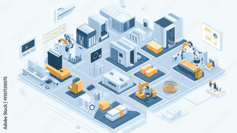 Poster a smart factory in the tech industry, with autonomous robots moving materials and handling tasks und