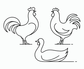 Fototapeta premium Rooster and Duck Outline Silhouettes Vector