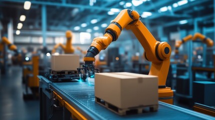 A smart factory in the tech industry, with autonomous robots moving materials and handling tasks under precise automated systems.
