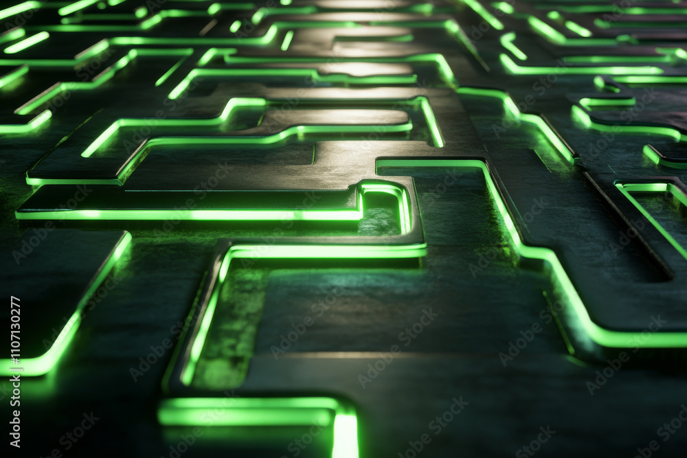 Poster abstract glowing circuit pattern, intricate green pathways illuminated on a dark metallic surface, m