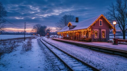 Fototapeta premium Beautiful Winter Evening at a Charming Train Station Decorated with Warm Lights Amidst a Snowy Landscape and a Stunning Twilight Sky