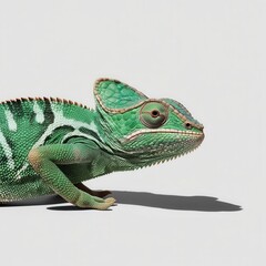 Obraz premium Chameleon with vibrant green skin, crawling on a white isolated background.
