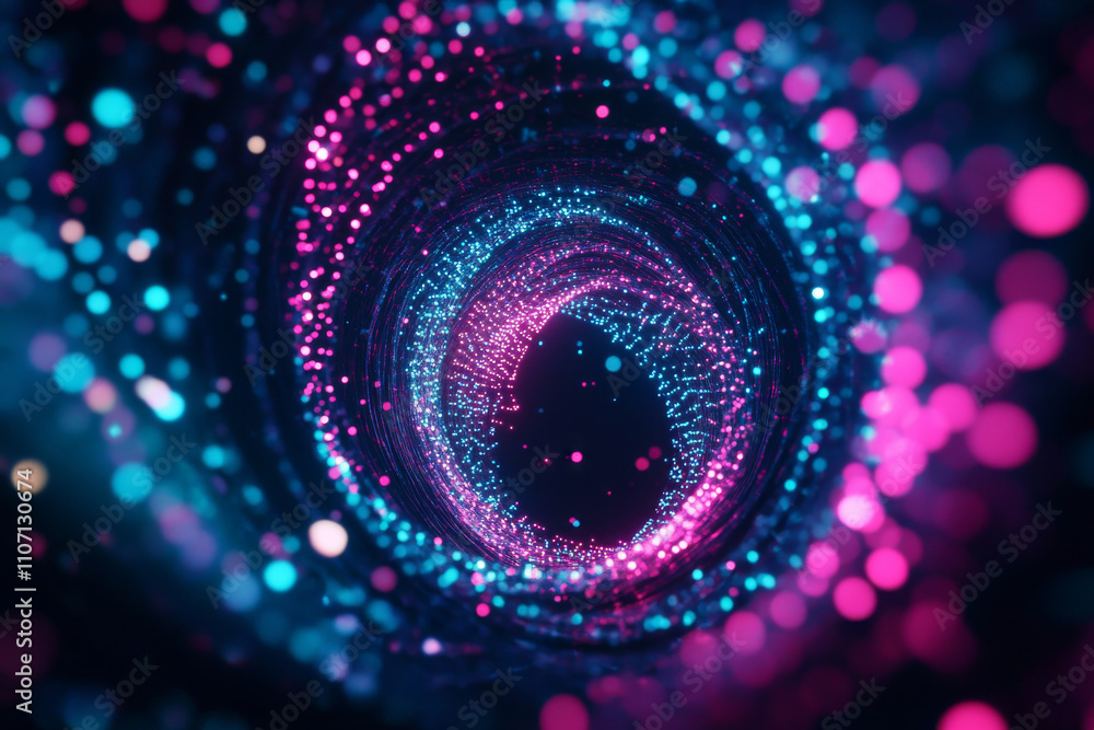 Poster abstract glowing helix texture, vibrant pink and blue spiraling strands illuminated in a dark void, 