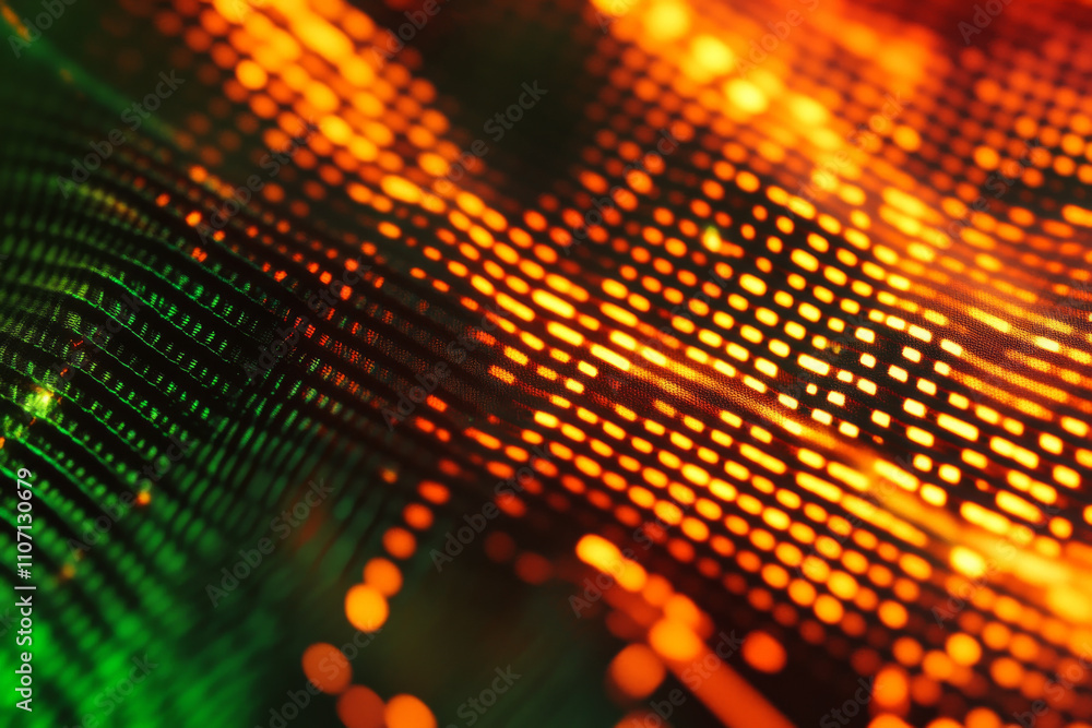 Poster abstract luminous grid texture, dynamic neon orange and green lines forming intricate patterns, futu