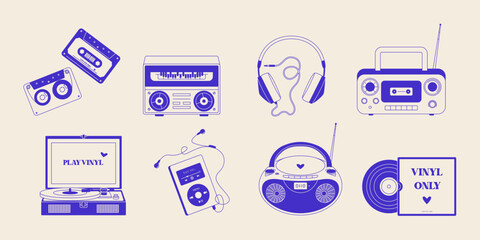 Retro 80s 90s music elements. Vintage analog audio devices cassette vinyl record, old stereo radio equipment, nostalgic hipster icons. Vector doodle set