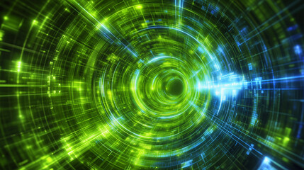 Obraz premium Abstract Green and Blue laser light beam tunnel background. A futuristic virtual space illuminated by mysterious lights