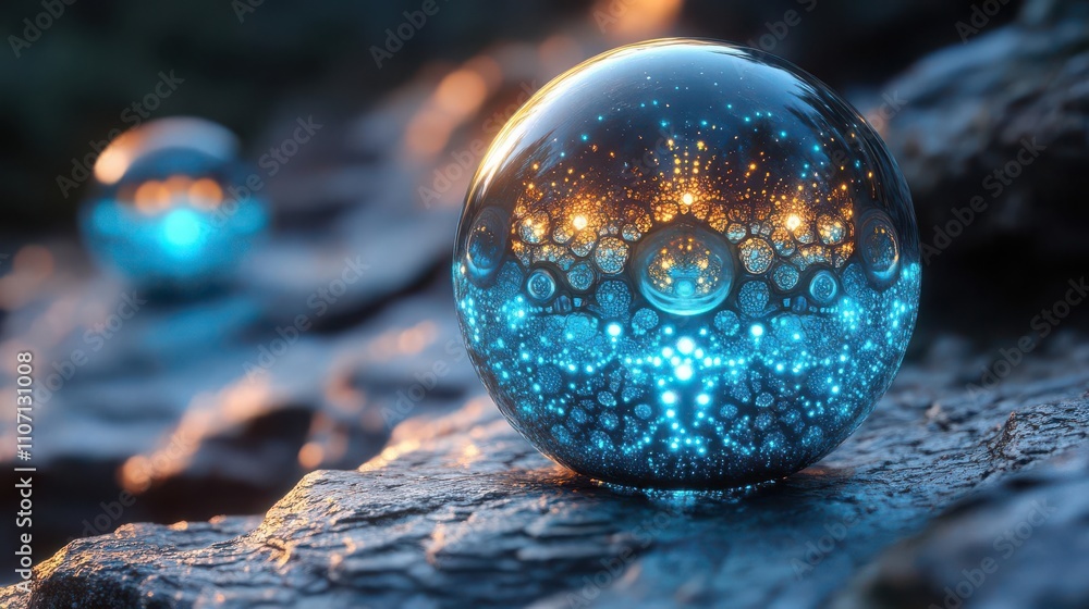 Poster a close-up view of shimmering spheres reflecting vibrant colors and intricate patterns on a textured