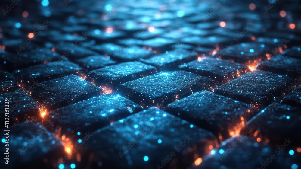 Poster a close-up of illuminated, textured blue tiles creating a shimmering, digital-like surface with spar