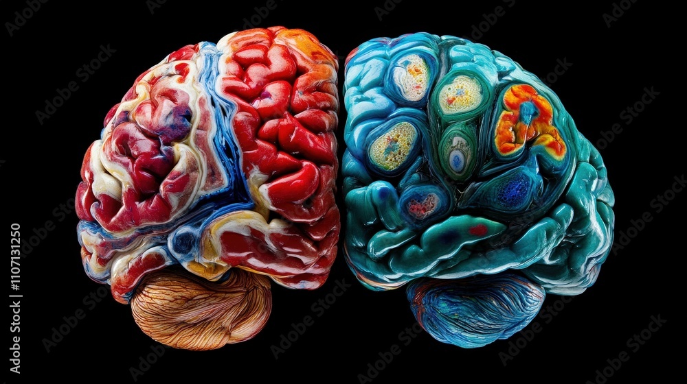 Poster a split-view of the brain showing the left hemisphere's focus on logic and the right focus on creati