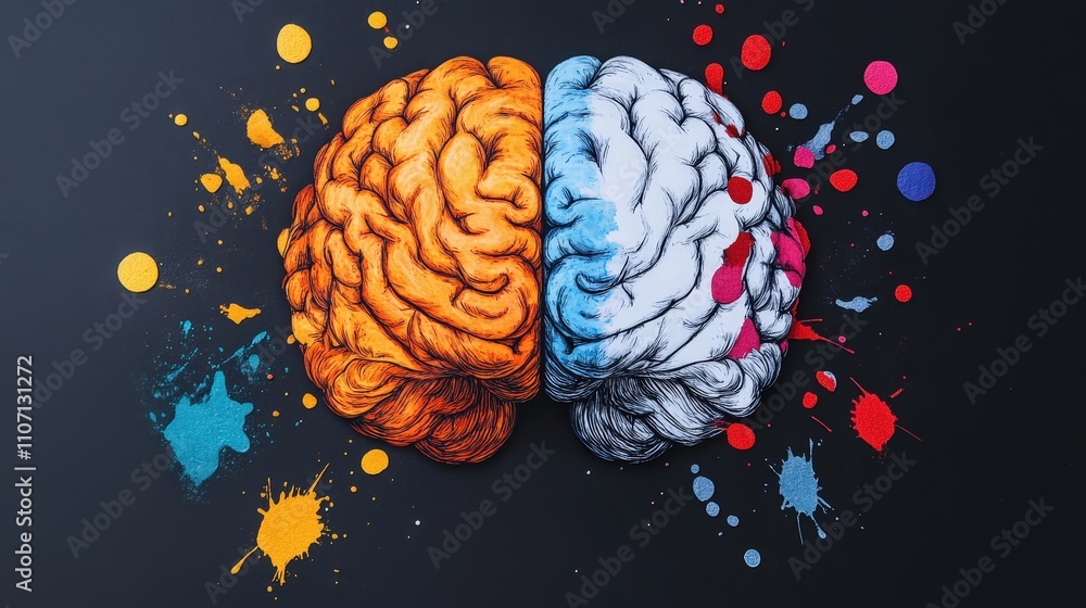Poster a split-view of the brain showing the left hemisphere's focus on logic and the right focus on creati