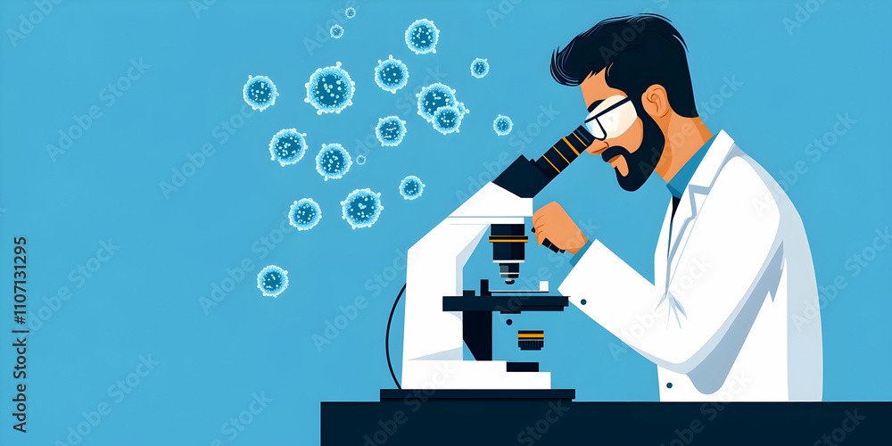 Poster A scientist examines samples under a microscope, surrounded by floating microbes.