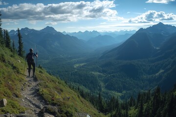 Fototapeta premium A lone hiker standing on a mountain trail, admiring stunning views of rolling hills and majestic peaks under a bright blue sky with fluffy clouds.