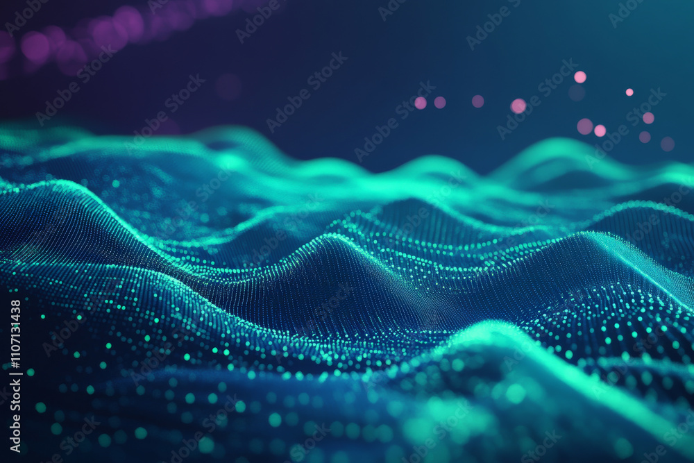 Poster abstract glowing grid texture, intricate neon green and blue geometric lines forming dynamic motion,