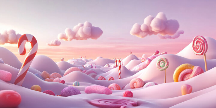 A whimsical candyland scene with rolling hills of colorful candy canes, lollipops, and gumdrops. The sky is a gradient of soft pinks and purples, with fluffy clouds shaped like cotton candy. A playful