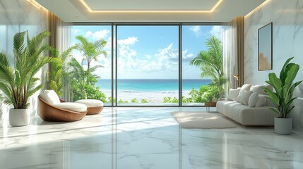Luxurious living room with floor-to-ceiling windows offering a stunning view of a tropical beach and ocean.