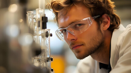 A focused young scientist in a lab, wearing safety glasses and examining equipment.