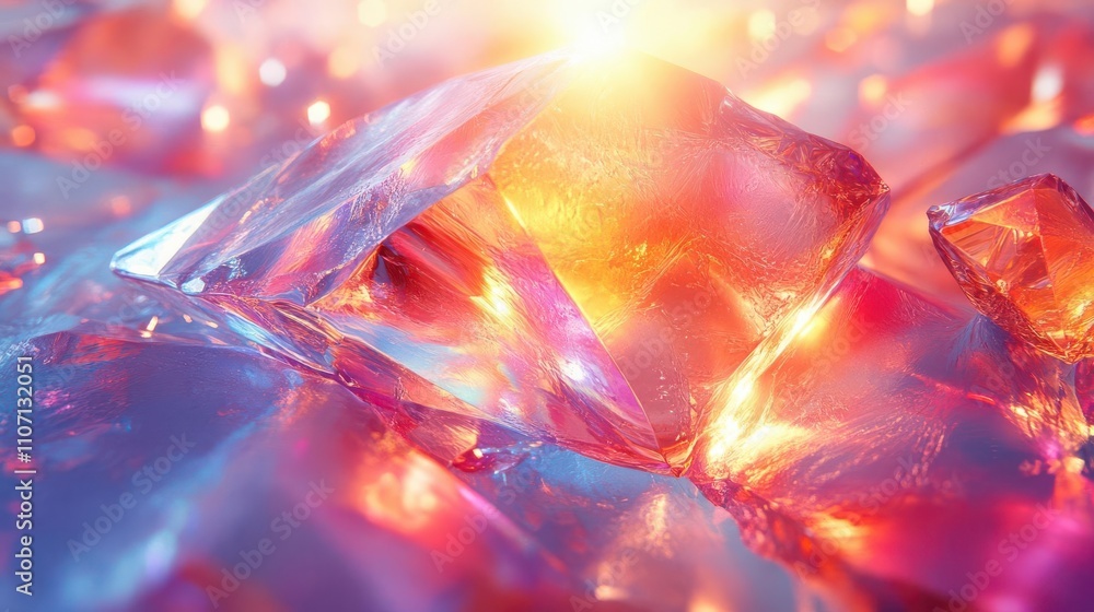 Poster a vibrant display of colorful crystals reflecting light, creating a mesmerizing interplay of hues an