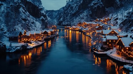 Obraz premium Serene Winter Landscape with Snow-Covered Cabins and Reflective River Illuminated by Warm Lights at Dusk, Capturing the Essence of a Tranquil Holiday Experience