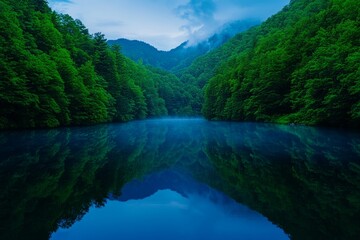 Tranquil Blue Lake Surrounded by Lush Green Forest and Mountain Range