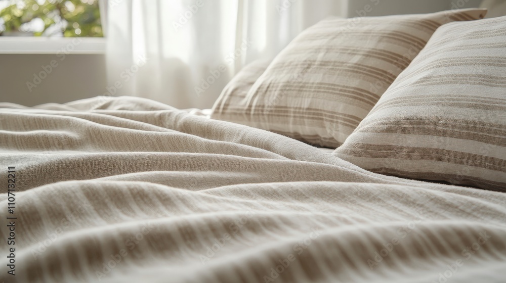 Poster a subtle striped fabric pattern in muted tones of beige and gray, creating a calm, serene look.