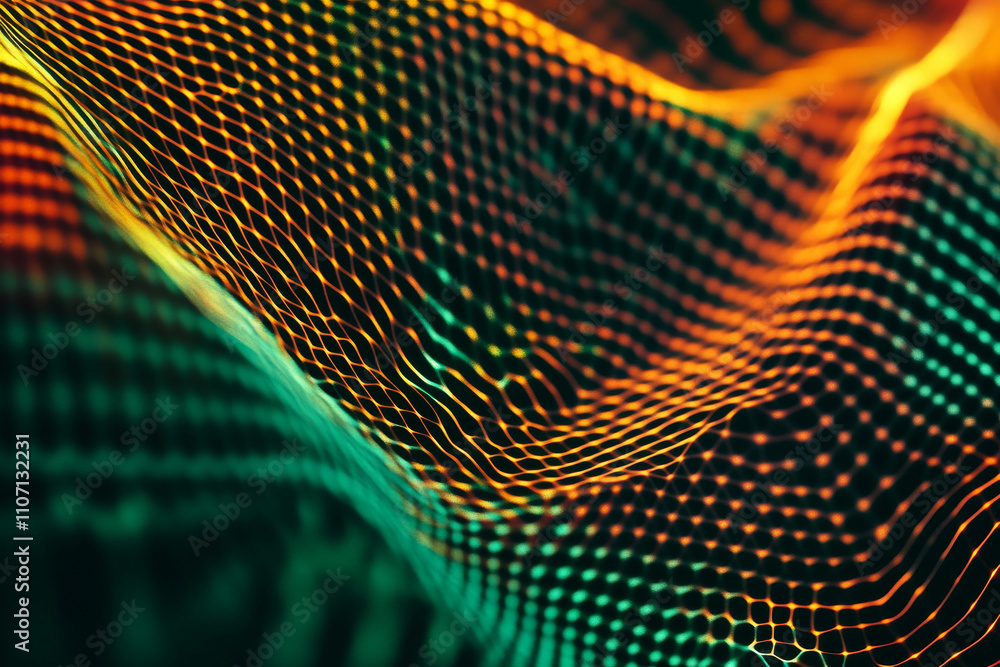 Poster abstract luminous grid texture, dynamic neon orange and green lines forming intricate patterns, futu