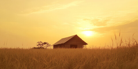 A serene countryside barn surrounded by golden fields of wheat under a soft orange sunset. The rustic and nostalgic setting evokes a sense of simplicity and peace.