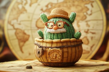 Fototapeta premium A cheerful cactus character sits in a wooden pot. The character wears glasses and a hat, evoking a playful, whimsical style. Perfect for fun decor ideas. Generative AI