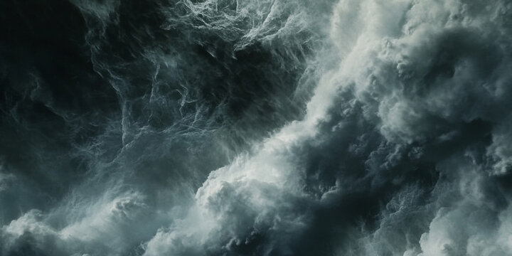 A dramatic stormy ocean with towering waves and a dark, moody sky. The turbulent water creates a powerful and intense atmosphere.