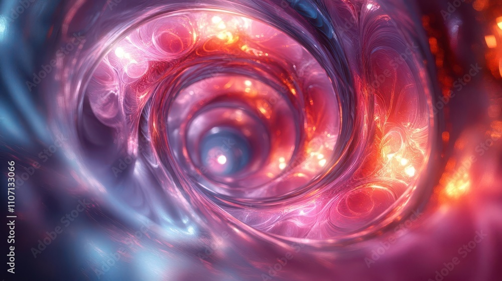 Poster a mesmerizing abstract vortex of swirling colors, blending blues, purples, and reds, creating a capt