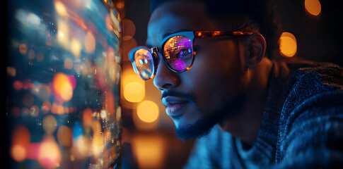 A person wearing stylish glasses gazes intently at a colorful display of lights.