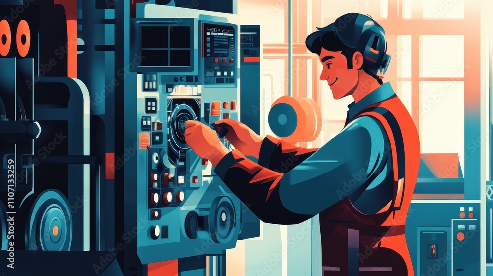 Poster a technician joyfully solving a problem on a complex machine, illustrating the satisfaction that com