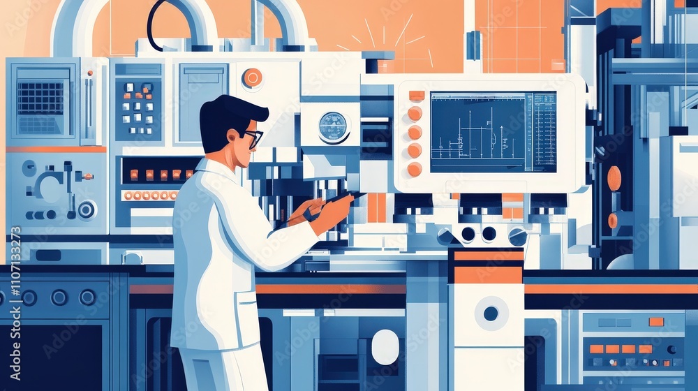 Poster a technician joyfully solving a problem on a complex machine, illustrating the satisfaction that com